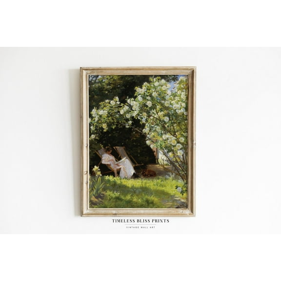 Antique Victorian Woman Reading Print Vintage Woman Garden Reading a Book Wall Art Dog Rose Flower Printable Art Poster Decor, Unframed Canvas Size 12x18 F03.1.22l138