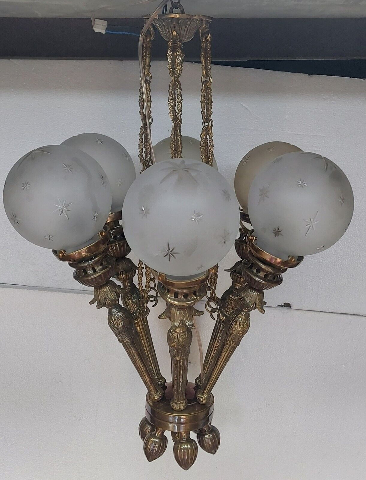 Antique Vintage Art Deco Nouveau 6-Light Brass & Glass Ceiling Hanging Chandelier