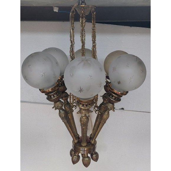 Antique Vintage Art Deco Nouveau 6-Light Brass & Glass Ceiling Hanging Chandelier