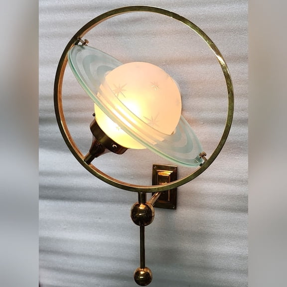 Antique Vintage Art Deco Old Brass Wall Sconces Fixture Saturn Light Frosted Star Glass Shade Lamp