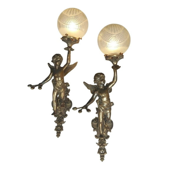 Antique Vintage Art Nouveau Brass Cherub Wall Fixture Sconces Lamp Light