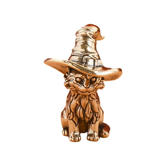 Antique Vintage Brass Cats Sculpture Mystical Decors Kitten with Witch Hat Figurine for Study Living Room Display