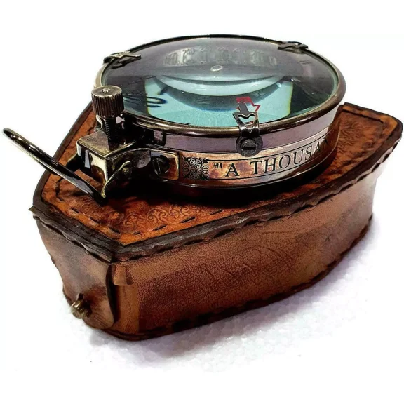 Antique Vintage Brass Compass: Nautical Map Reader for Navigation, Complete with Leather Case