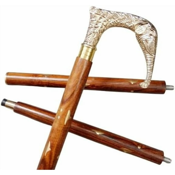 Antique Vintage Brass Elephant Head Handle stick Collectible wood walking stick cane Victorian Sputnik Wooden Walking Stick Canes