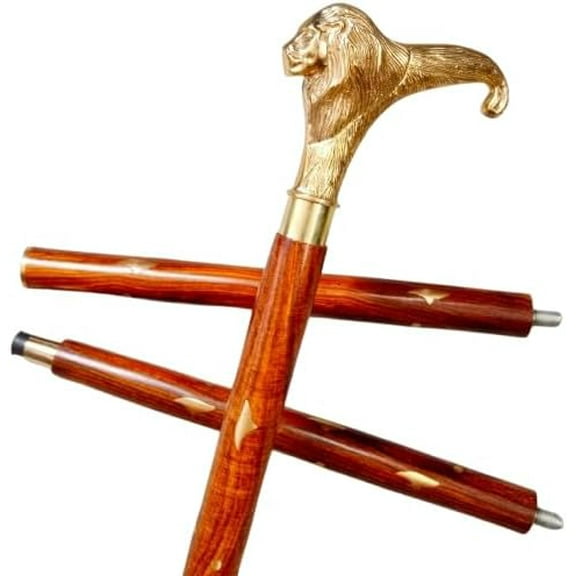 Antique Vintage Brass Lion Head Handle stick Collectible wood walking stick cane Victorian Sputnik Wooden Walking Stick Canes