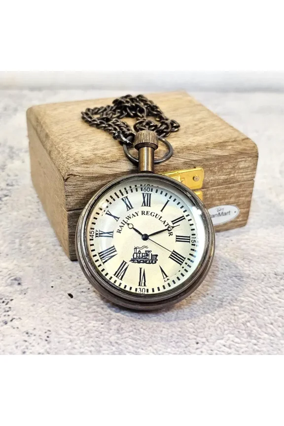 Antique Vintage Brass Pocket Watch With Chain Railway Regulator Collectible Box