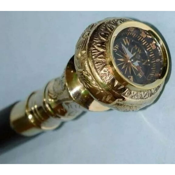 Antique Vintage Compass Brass Handle stick wood walking stick Victorian Wooden Walking Stick Cane