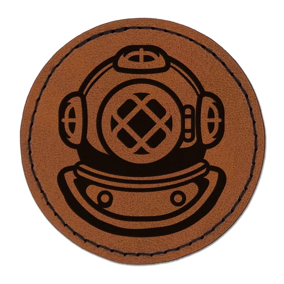 Antique Vintage Deep Sea Diving Helmet 2.5" Faux Leather Round Engraved Iron-On Patch - Brown