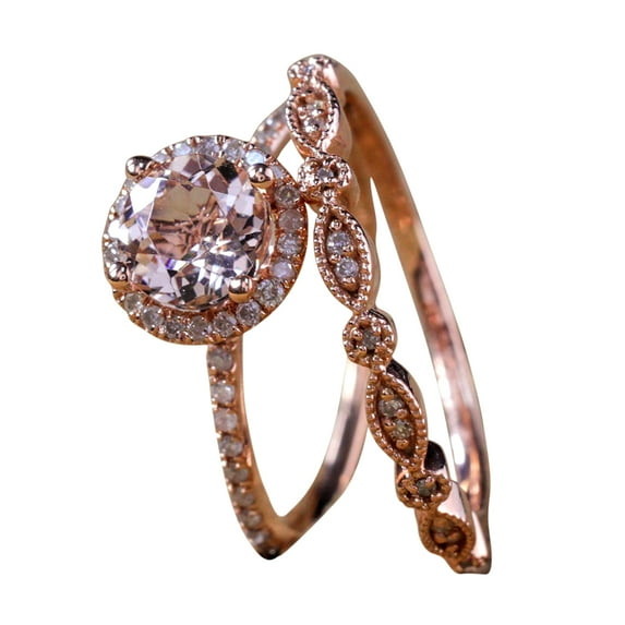 Antique Vintage Design 1.50 carat Round Morganite Diamond Halo Bridal Wedding Ring Set in 10k Rose Gold