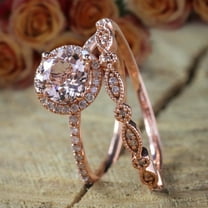Antique Vintage Design 2.25 carat 6mm Round Morganite Diamond Moissanite Halo Bridal Wedding Ring Set with 18k Gold Plating