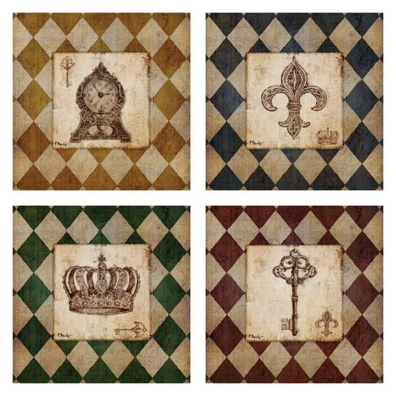 Antique Vintage Harlequin Modern Fleur with Checkered Border; Four 8 by 8-Inch Mounted Prints; Ready to hang!