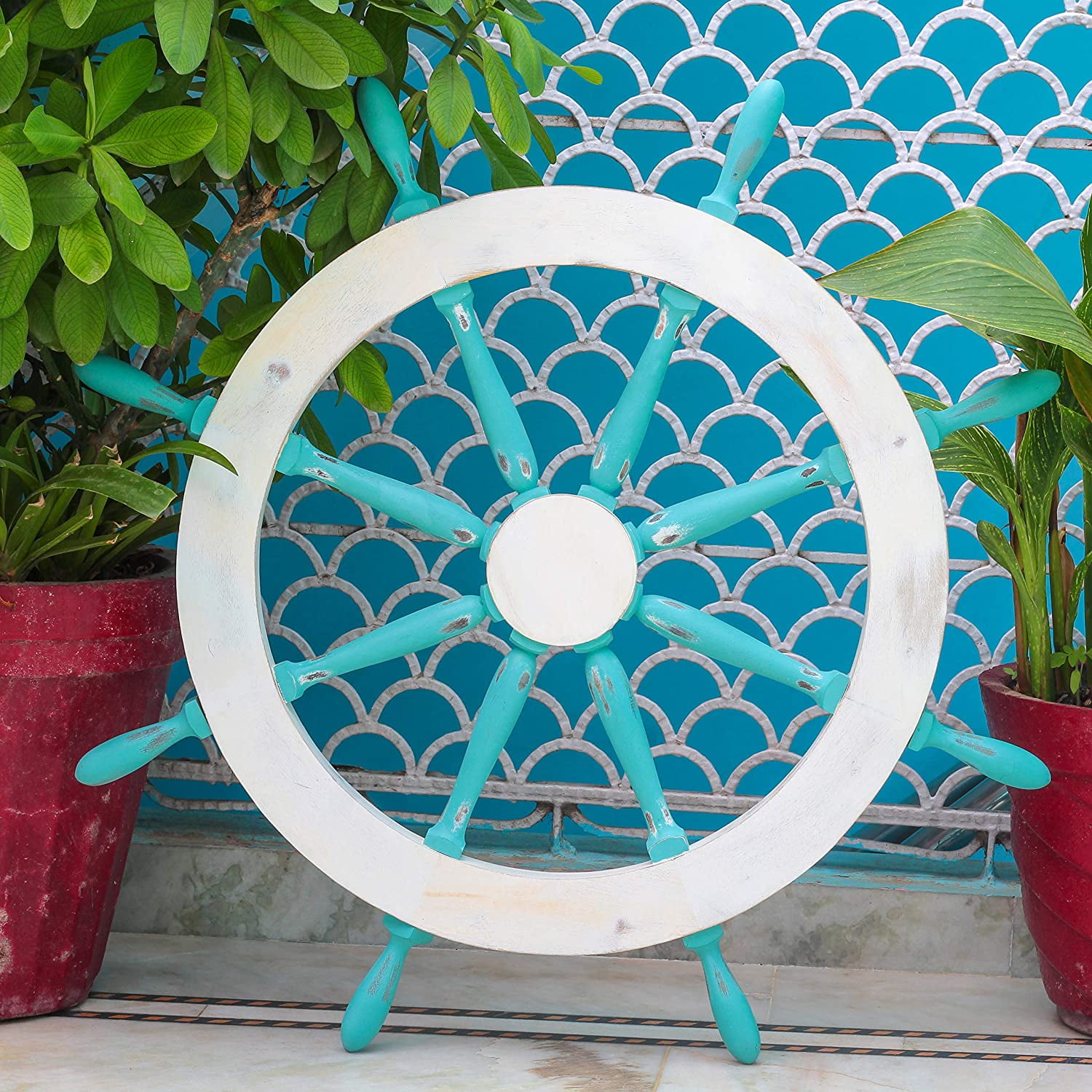 Antique Vintage Nautical Ship Wheels Teal Blue & White Old Western