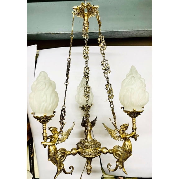 Antique Vintage Old Art Nouveau Brass Mermaid Ceiling Hanging Chandelier Lamp Light