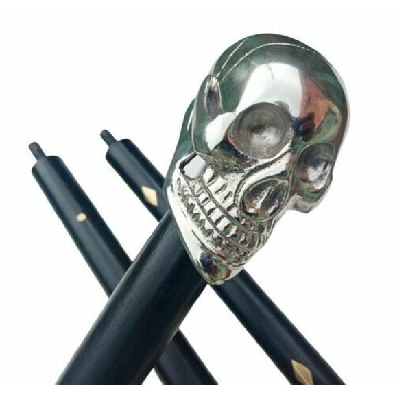 Antique Vintage Skull Brass Handle stick wood walking stick Victorian Wooden Walking Stick Canes