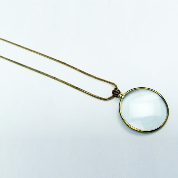 Antique/Vintage Style 36" Brass Necklace&Glass Magnifying Lens Pendant Magnifier