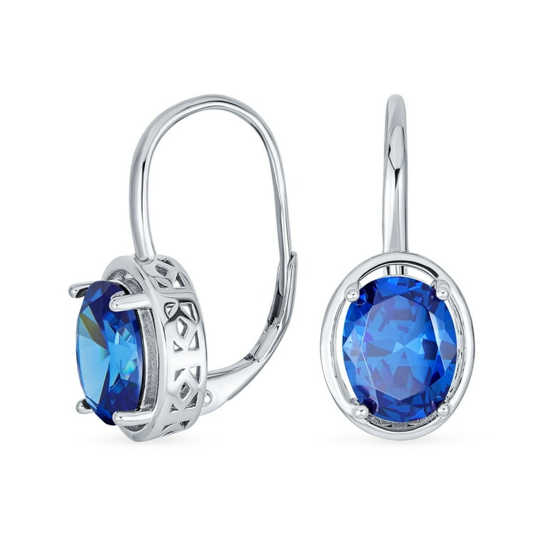 Antique Vintage Style Oval Blue CZ Drop Earrings Lever back .925
