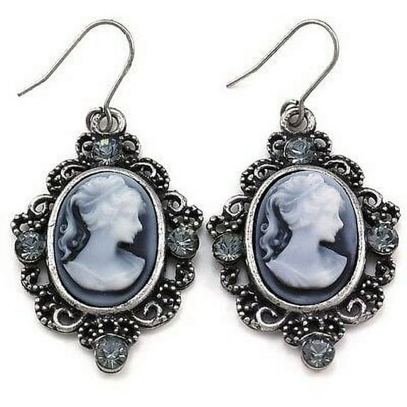 Antique Vintage Style Silver Tone Cameo White Gray Stone Dangle Earring 2a