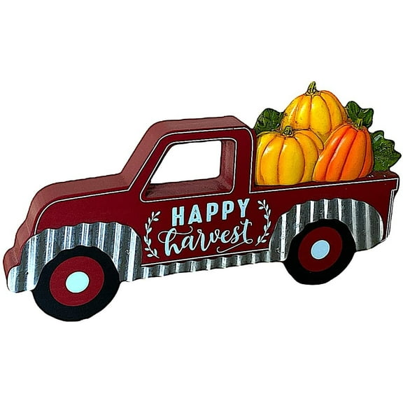 Antique Vintage Truck with Pumpkins Fall Autumn Harvest Thanksgiving Tabletop Counter Decor 13.5" x 7" Burgundy Truck