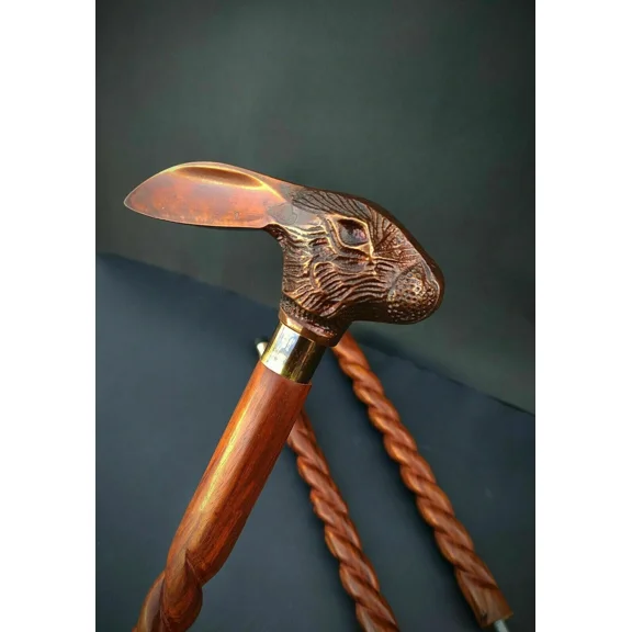 Antique Vintage Victorian Wooden Walking Cane Stick with Metal Rabbit Head Handle Handcrafted Spiral Shaft for Men & Women