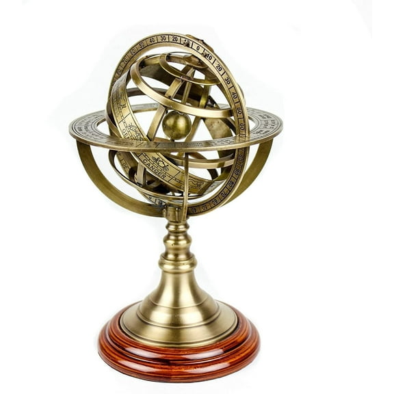 Antique Vintage Zodiac Armillary Brass Sphere Globe Wooden Display | Pirate's Antique Ship Decor | Nagina International (Large, Antique Brass)