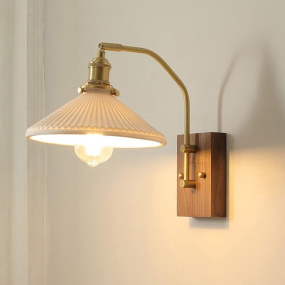 Antique Wall Sconce Lamp Walnut Wall Mount Light with White Ceramic Shade, Vintage Copper Bedroom Bedside Reading Wall Lamps, Living Room Bedroom E27 Wall Sconces Lighting