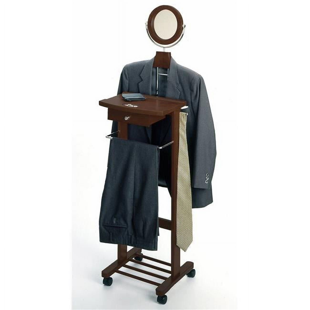 Antique Walnut Beechwood Valet Stand with Mirror and Drawer