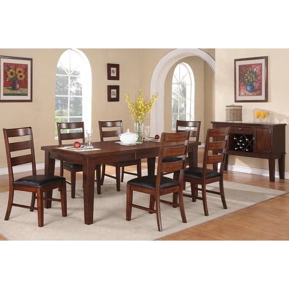 Antique Walnut Finish Solidwood Kitchen Dining Room 7pc Set Table w Leaf And 6x Side Chairs Ladder Back Cushion Seats Furniture