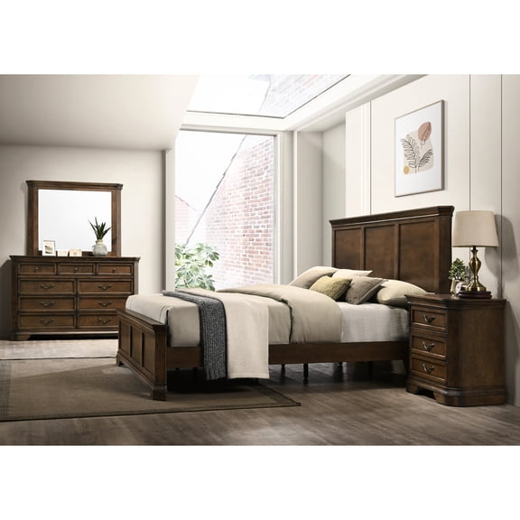 Antique Walnut Traditional Bedroom , 4, Queen Size Bed, Dresser, Mirror, Nightstand Flash,