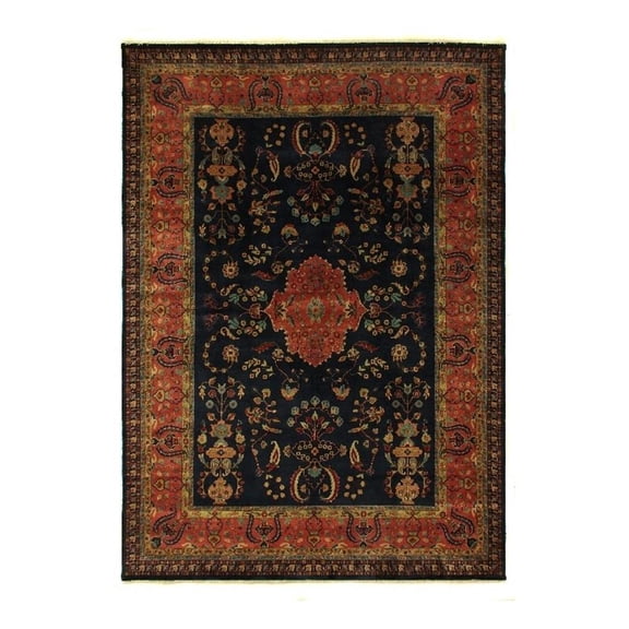 Antique Weave Sarouk Hand-Knotted New Zealand Wool Navy 8'x8' Round Area Rug