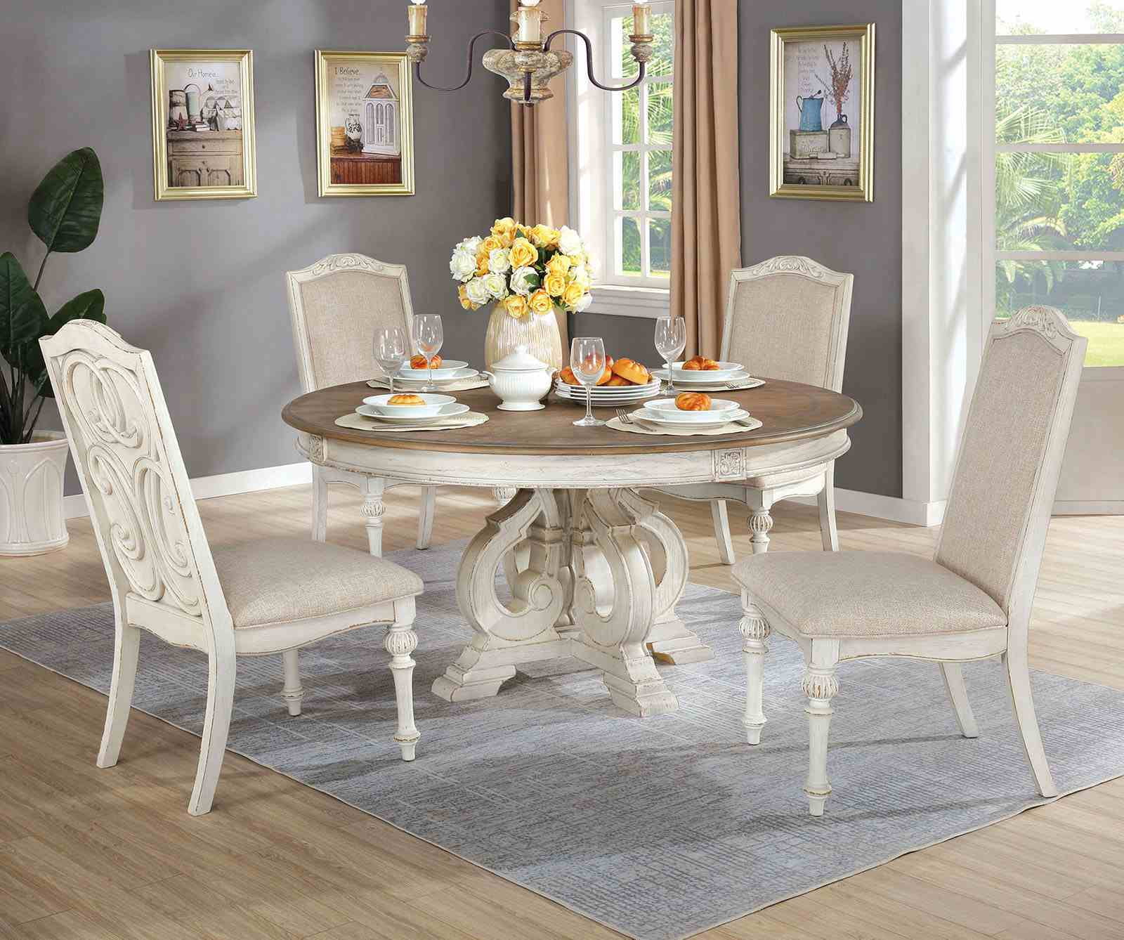 Antique White 5pc Dining Set Beautiful Pedestal Base Round Table 4x ...