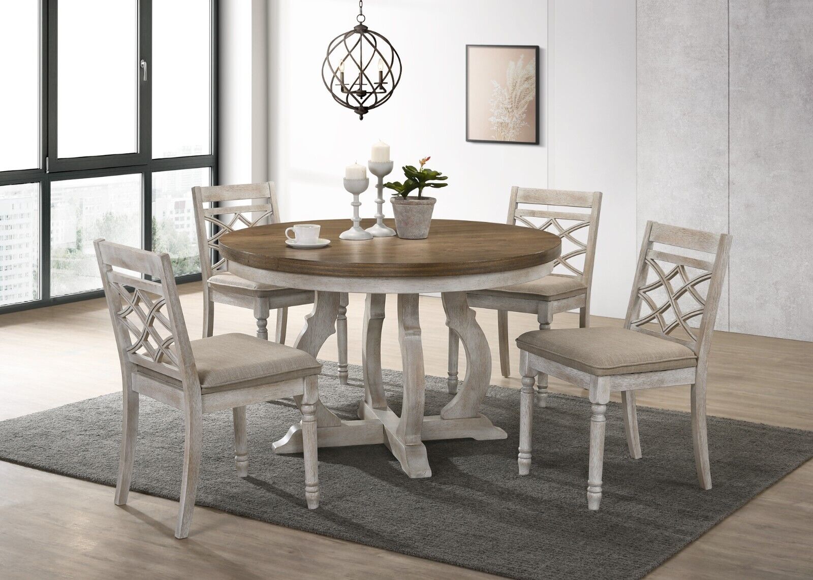 Antique White 5pc Dining Set Round Pedestal Base Table and Side Chairs ...