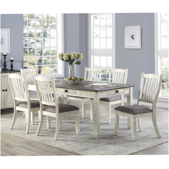 Antique White 7-Piece Dining Set with Upholstered Chairs and Storage Drawers, Casual Kitchen Table