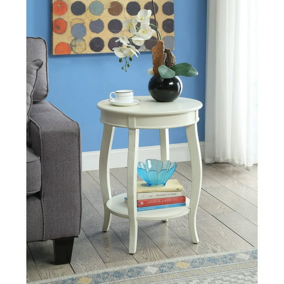 Antique White Accent Table With Open Storage - Round Legged Wooden Shelf Wood Leg