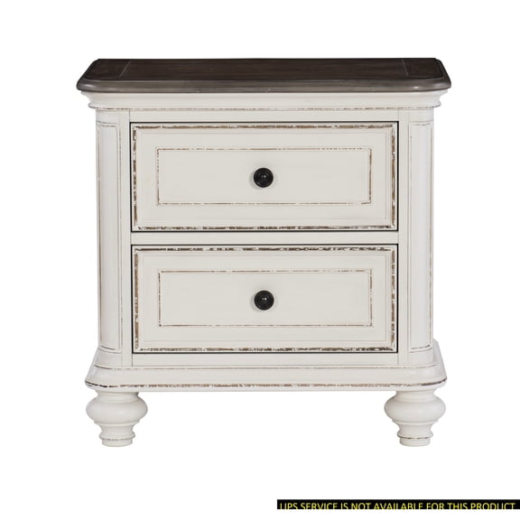 Antique White Bedroom Nightstand With Brown Finish, 2 Drawer Compartmental Wood In And For Decorative Purposes