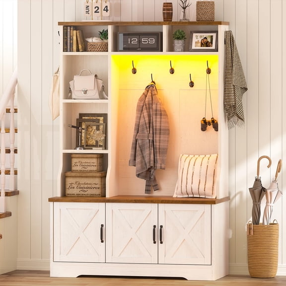 Antique White&Brown Farmhouse Hall Tree With Bench, LED Light, 7 Hooks & 6