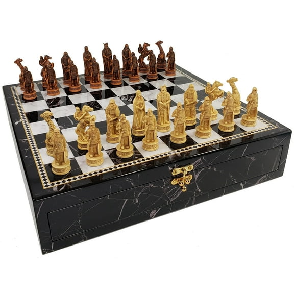 Antique White  Brown Norse Viking Chess Set 17" Black Faux Marble Storage Board
