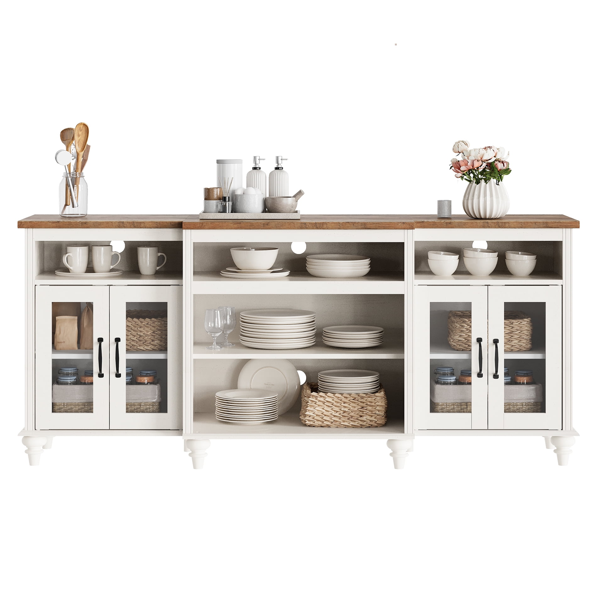 Antique White Buffet Cabinet with 4 Glass Doors, Large Coffee Bar Tables with 9 Storages, 70 inch