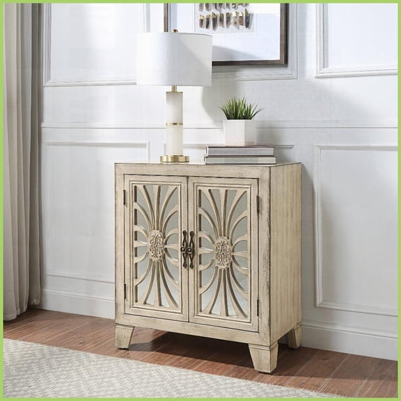 Antique White Coffee Table with Mirrored Doors & Tapered Legs Hidden Storage for Living Room Entryway