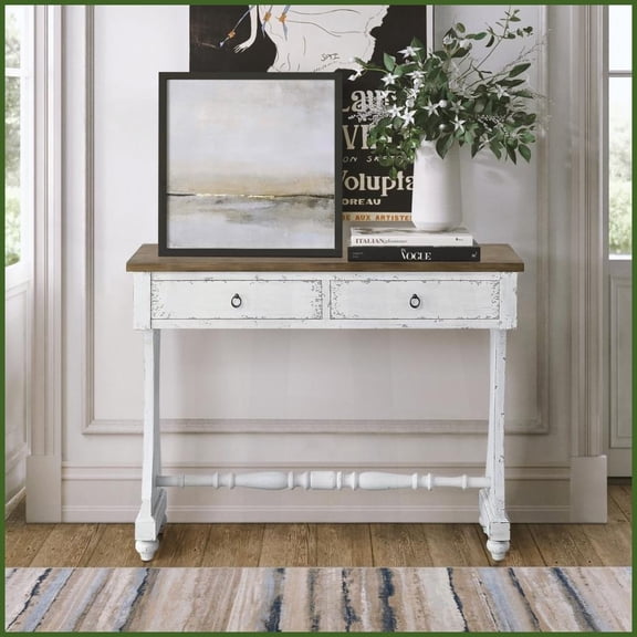 Antique White Console Table with 2 Drawers - Wood Glides for Easy Access & Organized Storage
