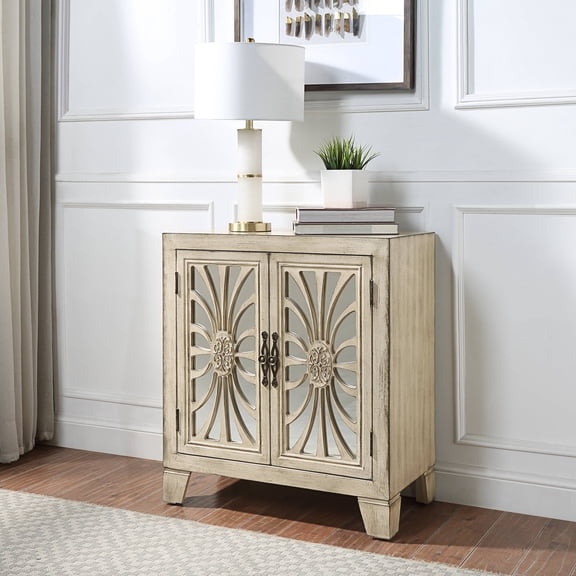 Dokea Antique White Console Table with Mirrored Doors - Piece Count - Console Tables