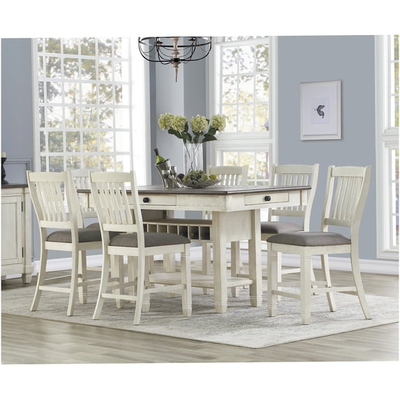 Antique White Counter Height Dining Set with Storage, 7-Piece Table and 6 Upholstered Chairs