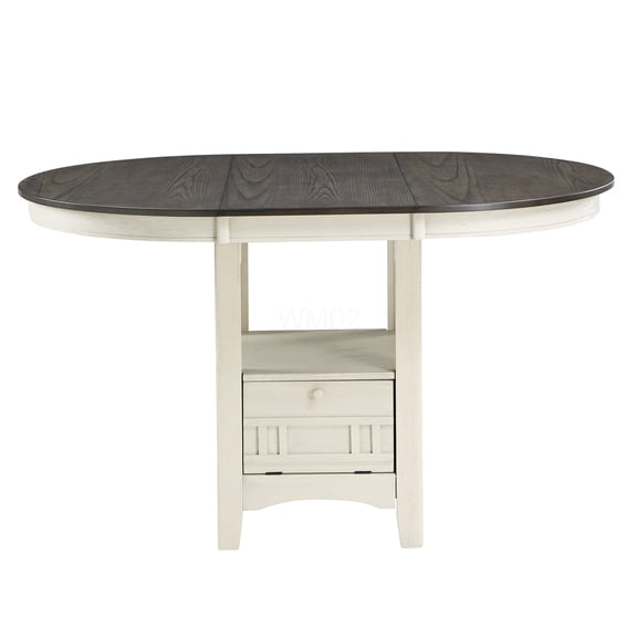 Antique White Counter Height Dining Table with Extension Leaf and Storage Base, Solid Wood Pedestal Table for Kitchen and Dining Room