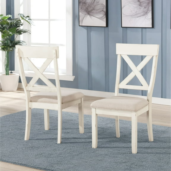 Antique White Cross Back Upholstered Dining Chairs, Of 2. Wood With Tan Fabric. Solid Rubberwood Base. 18.25"w X 23.5"d 38.75"h, Seat 15.7''h 2 Chairs. And Upholstery. Construction. Height