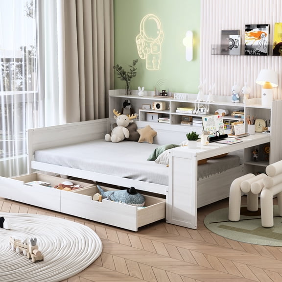 Antique White Daybed With Handy Shelf Facilities And Studying Desk Wooden Smart Storage Solutions Desk,