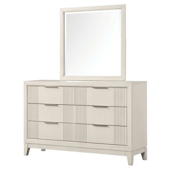 Antique White Dresser W Mirror Accent-Fluted Design Bedroom Furniture Chrome Finger Pulls Wooden