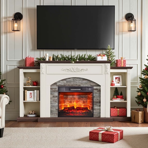 Antique White Electric Fireplace TV Stand – Vintage Entertainment Console for TVs Up to 80"