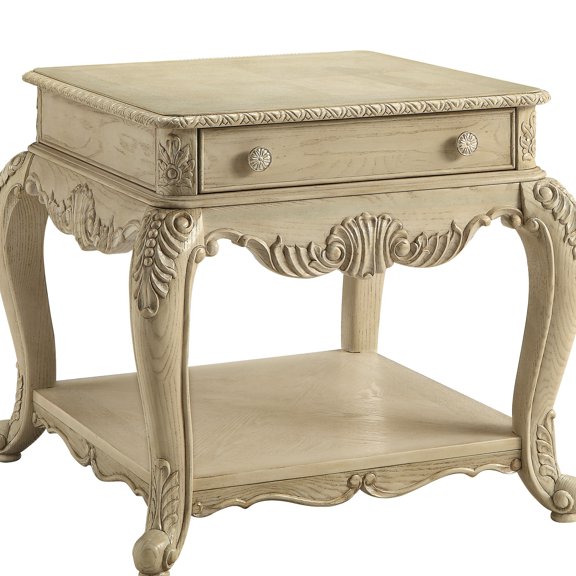 Antique White End Table with Single Drawer | Keep Utensils and Stationery Organized | Scrolled Apron Design with MDF | Effortless Drawer Opening and Closing
