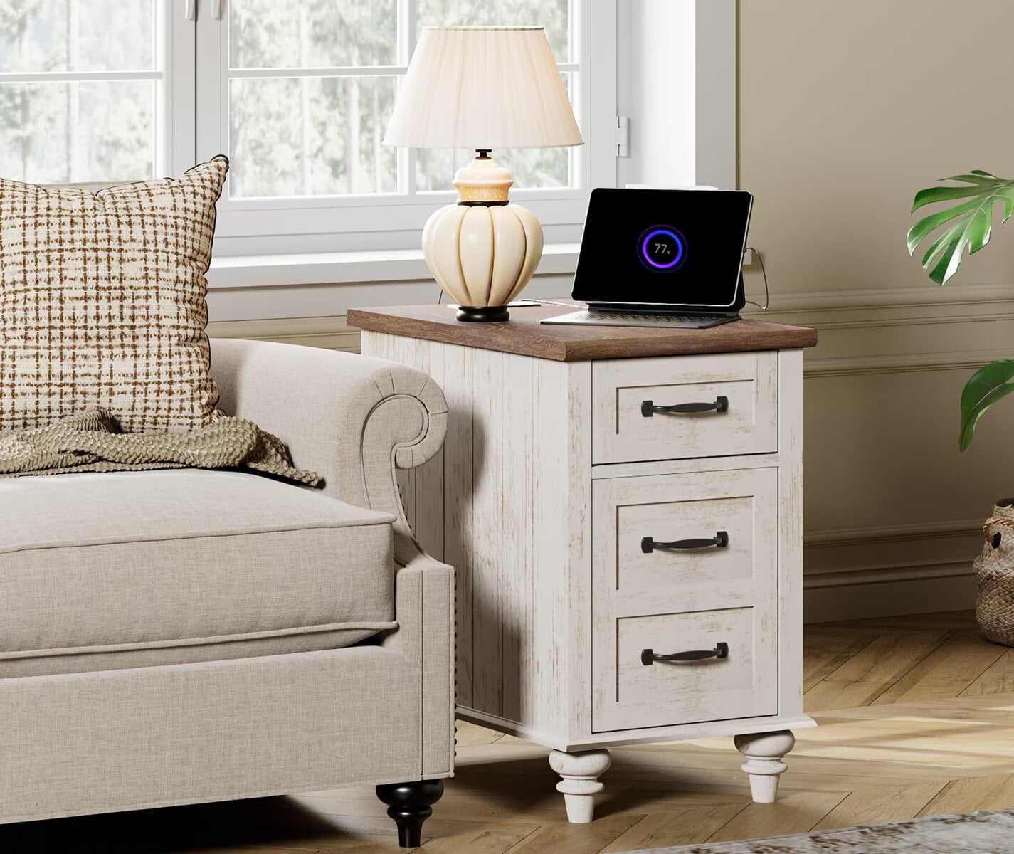 Antique White End Table with Drawer & Cabinet, Wooden Side Table Nightstand with Charging Station for Living Room & Bedroom