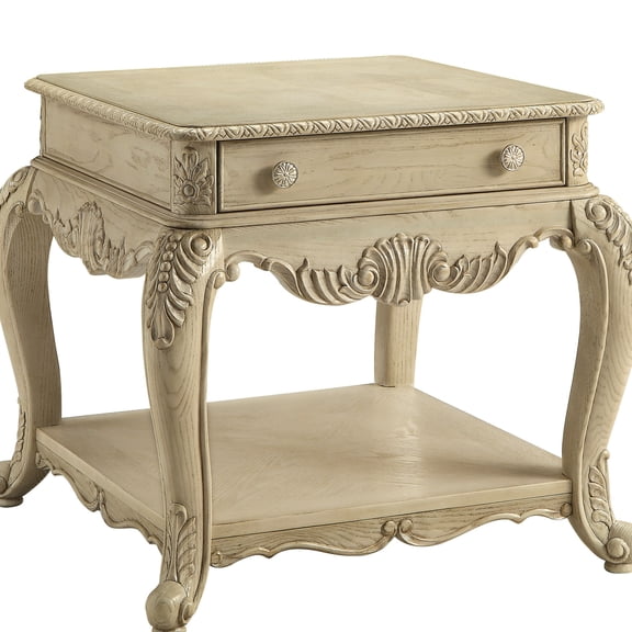 Antique White End Table with Drawer | Store Small Items and Display Books | MDF and Poly - Resin Structure | Center Glide System for Smooth Operation