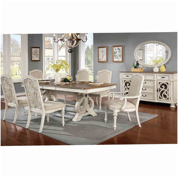 Antique White Extendable Dining Table Set with 6 Upholstered Chairs, Solid Wood Farmhouse Design